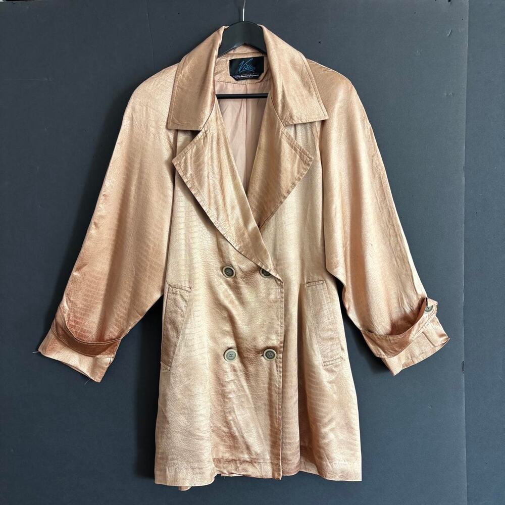 VTG 80s Vision Champagne Faux Croc Satin Trench Coat Fall - Size L/XL